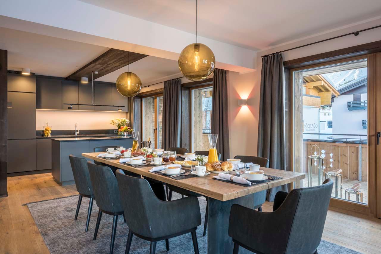 Kitchen overlooking dining area at Exterior of Balegia Apartment 4 in Lech