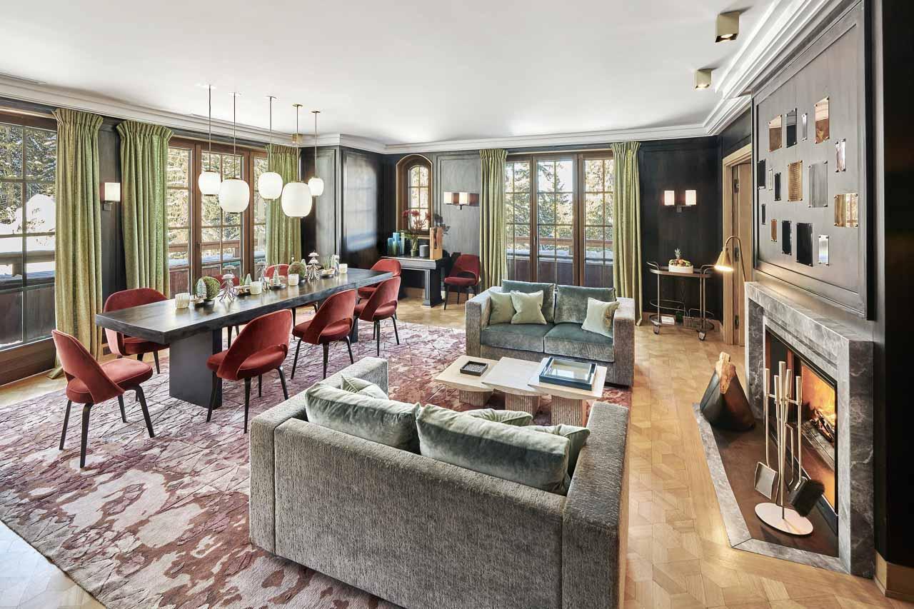 Smartly designed living area with terrace access in Chalet Alpensia in Courchevel 1850