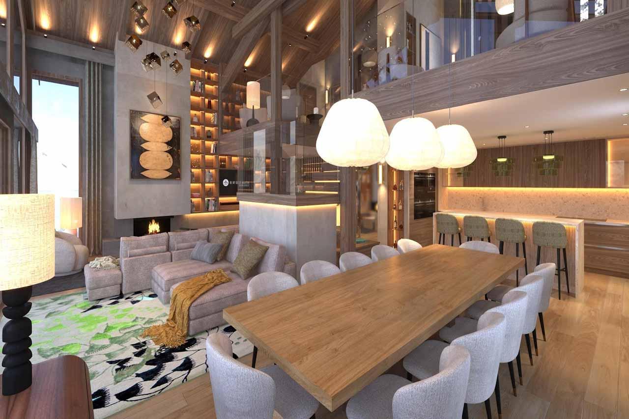 Open-plan living area in Chalet Escapade, St Martin de Belleville