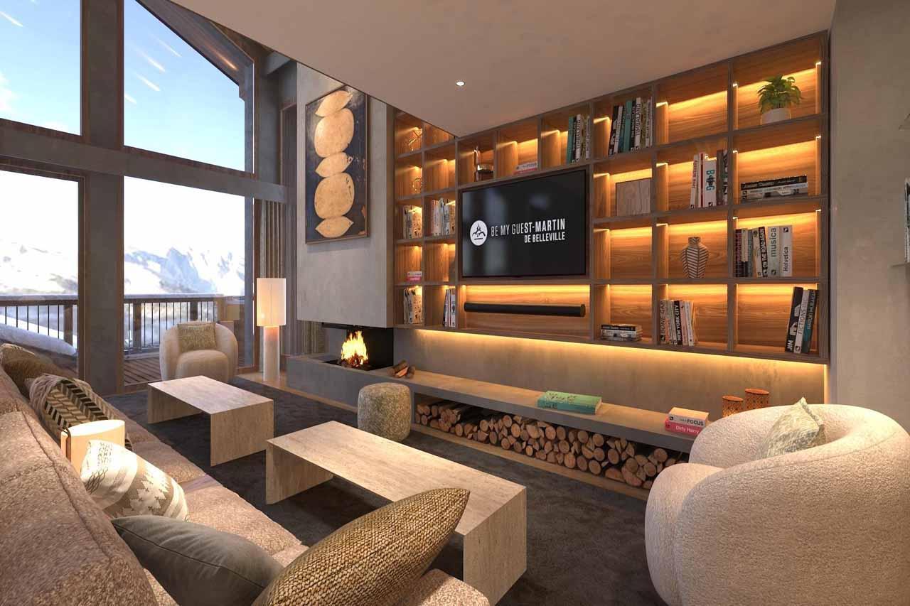 Comfortable sofas arranged around TV and fireplace in Chalet Escapade, St Martin de Belleville