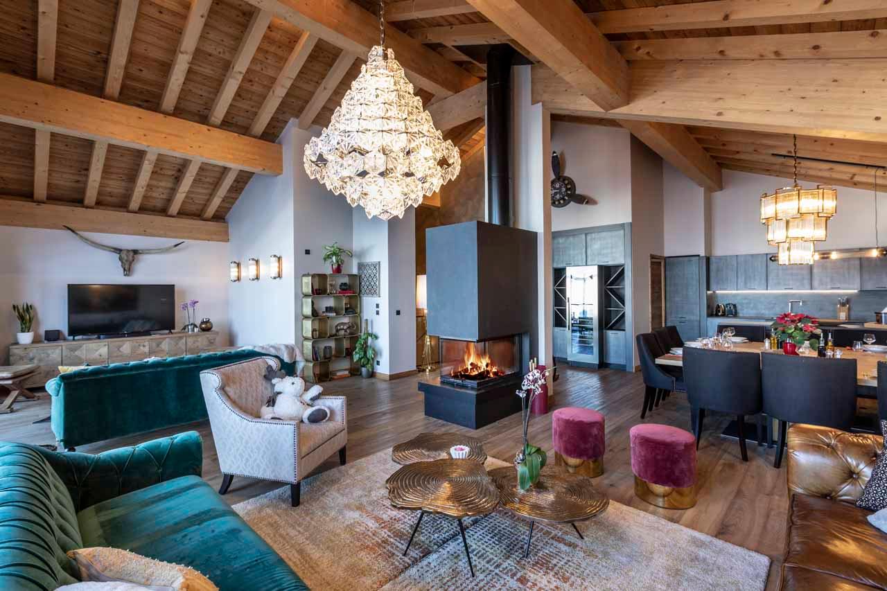 Open plan living area at Chalet Golden Jubilee in Val Thorens