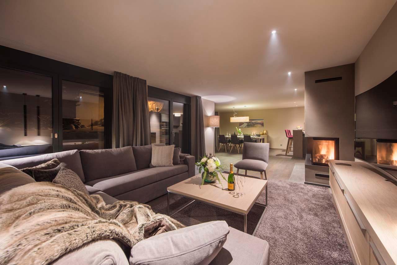 Open plan living area at Christiania Apartment 2 in Zermatt