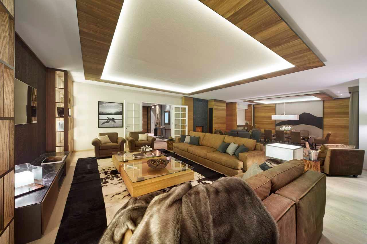 Open plan living area at Corvatsch Tower in St Moritz