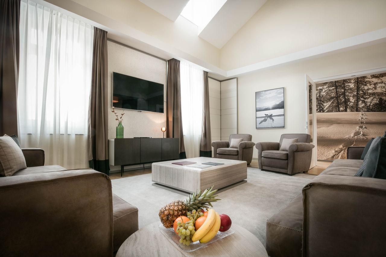 Open plan living area at Corviglia Tower in St Moritz