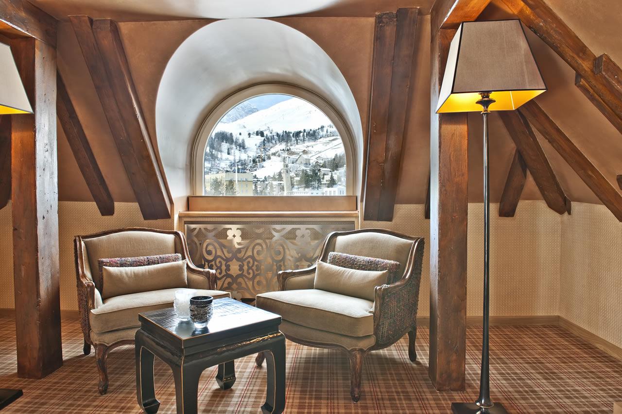 Sitting area in master bedroom of The Penthouse in St Moritz