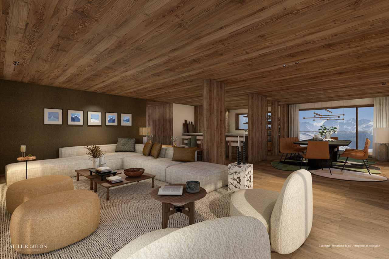 Open-plan living area in Atmosphere Apartment 401, Courchevel 1850