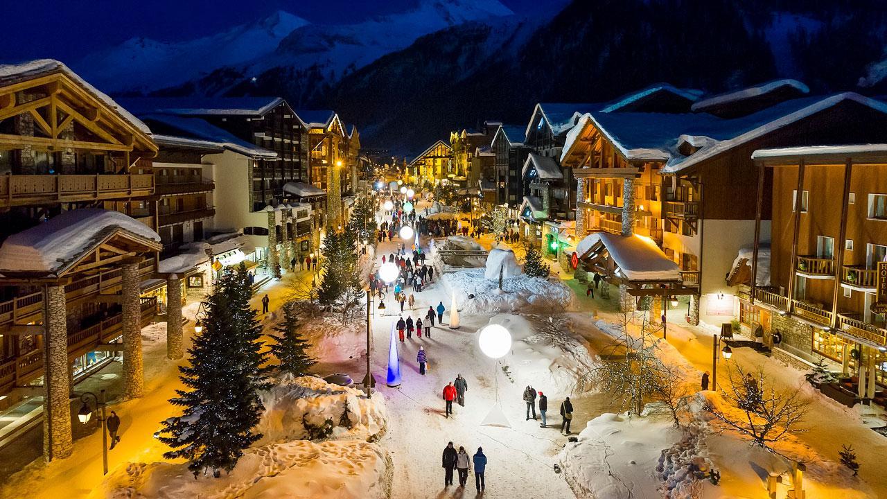 Aerial view of Val 'dIsere ski resort at night